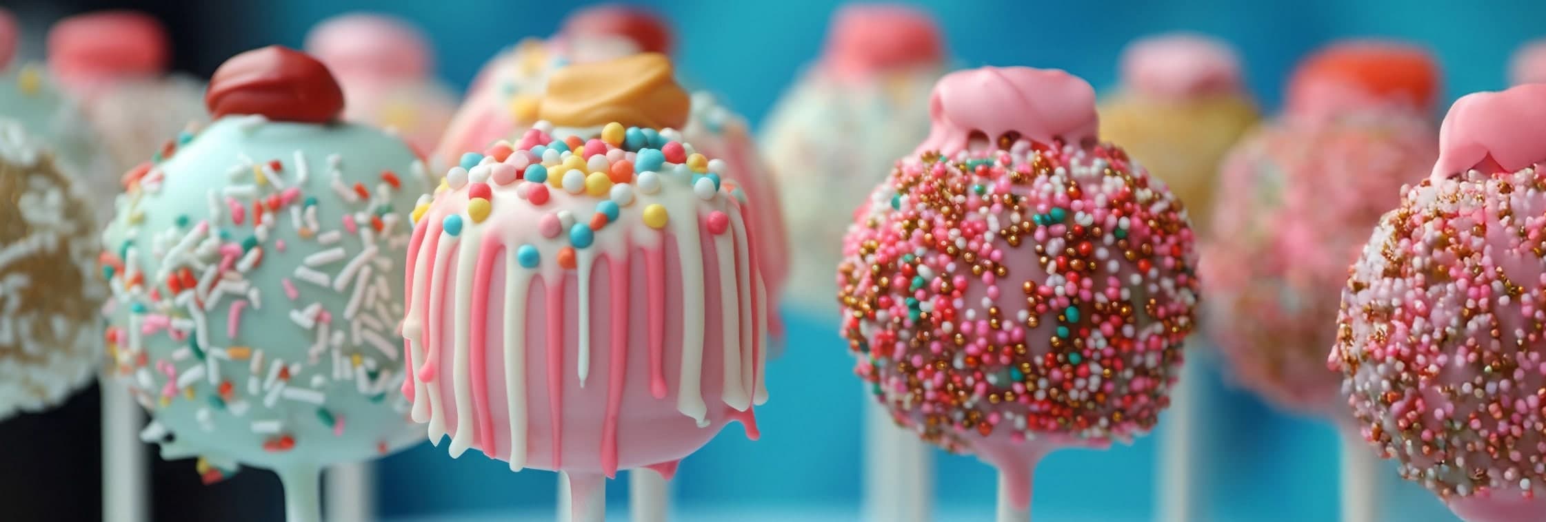 A row of cake pops in pink and pale blue icing, covered in colorful sprinkles